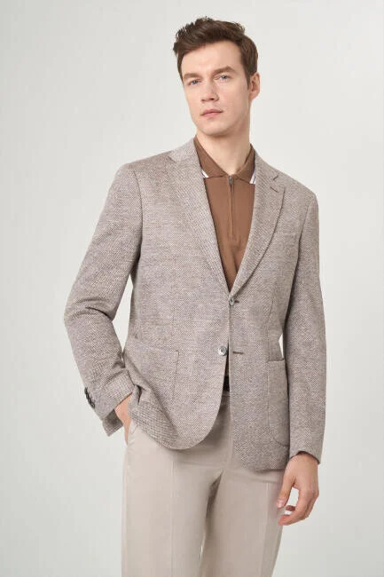 Beige Mens Jacket with Mono Collar and Double Slits
