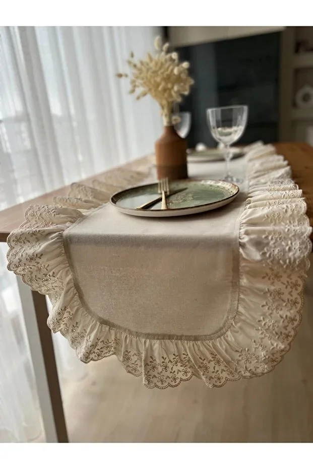 Eyma Home %100 Pamuk Ham Keten Fisto Fırfırlı Oval Runner