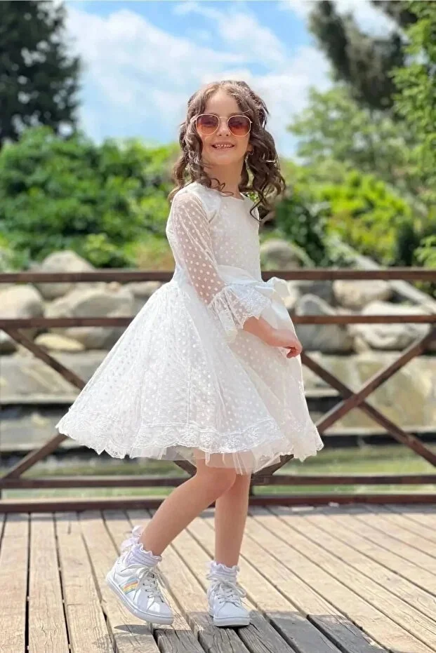Kız Elbise Prenses Model Puanlı Dantellii Tokalı Bayramlık Beyaz Renk Kız Çocuk Elbise