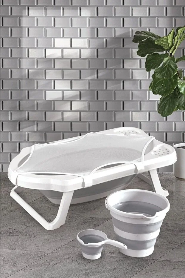 Fileli Gri Katlanır Banyo Seti 4'lü Set