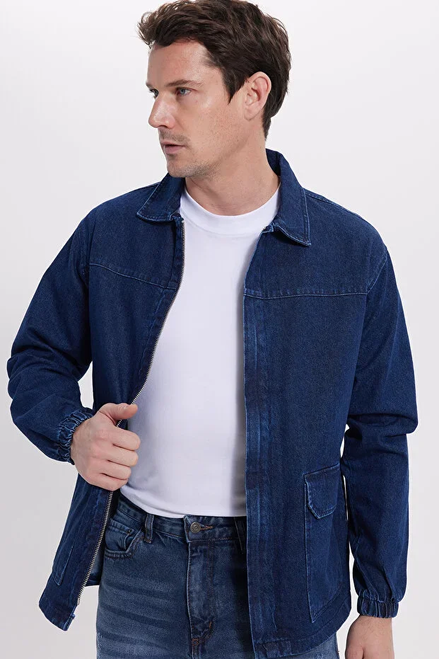 Tudors Erkek Relax Fit Rahat Kesim Çift Cep Denim Lacivert Kot Mont Gömlek