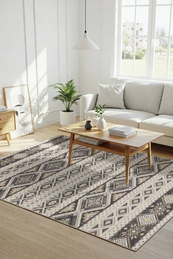Gri Etnik Desenli Dokuma Tabanlı Modern Şönil Halı