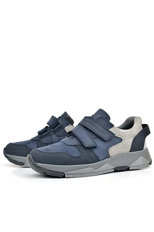 3880 Rakerplus Hakiki Deri Koyu Lacivert Gri Çocuk Sneakers Spor Ayakkabı Cırtlı