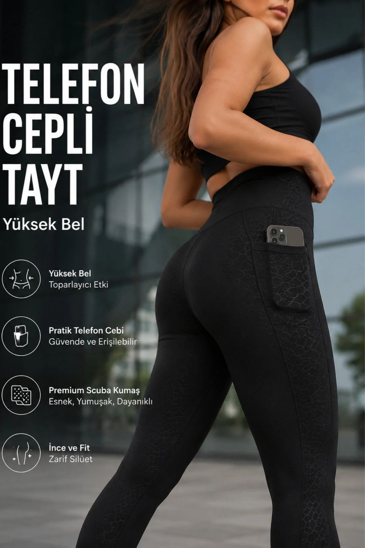 Tayt Kadın Dalgıç, Siyah Desenli Yüksek Bel Toparlayıcı Pratik Cepli Spor Ve Günlük Tayt