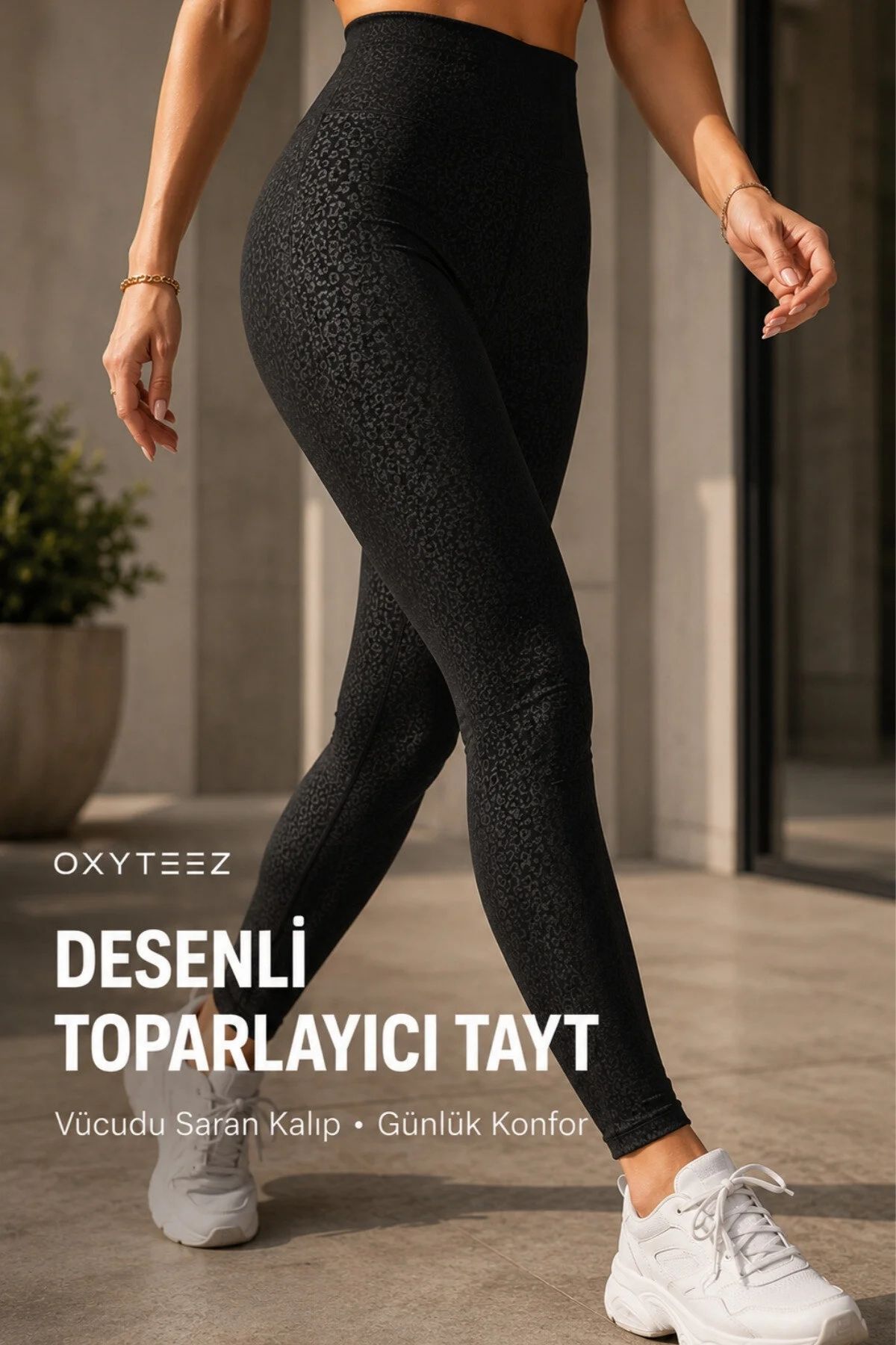 Tayt Kadın Esnek Örme, Desenli Toparlayıcı Siyah