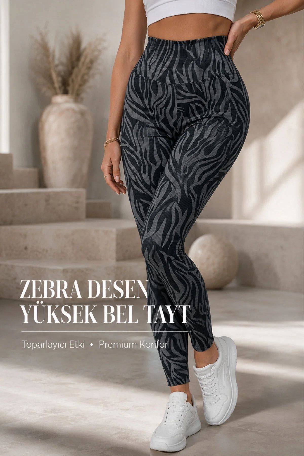Tayt Kadın Premium Örme, Yüksek Bel Zebra